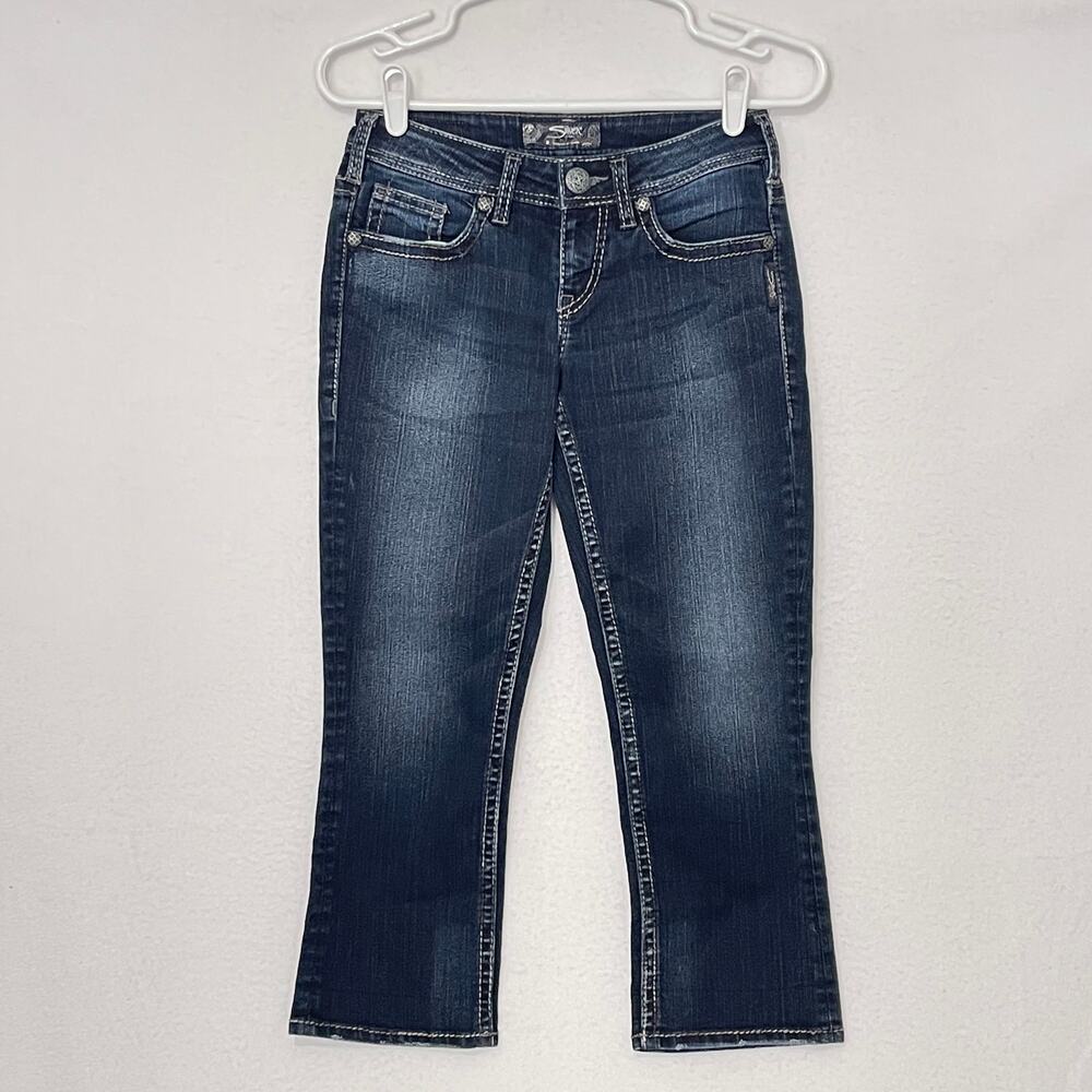 Silver Jeans Women's 25 Aiko Kick Flare Capri Dark Faded Denim Y2K Low Rise